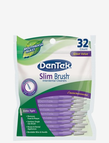 A package of DenTek Slim Brush Interdental Cleaners, 32 count, extra tight size with purple handles—recommended by Chestnut Dental Needham and featuring product highlights on the front.