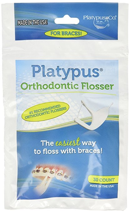 A package of Platypus Orthodontic Flosser for braces, containing 30 pieces, is labeled as the "#1 recommended orthodontic flossers" and "made in the USA," available at Chestnut Dental Needham, Bedford, and Franklin.
