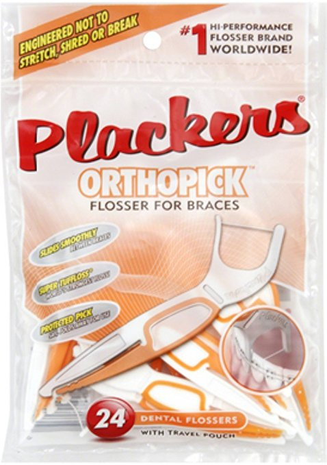 A package of Plackers Orthopick dental flossers for braces, available at Chestnut Dental Needham, contains 24 flossers with a travel pouch.