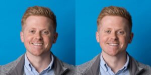 Side-by-side portraits of a smiling man with short red hair, wearing a light blue shirt and gray jacket, in front of a blue background, highlight the friendly team at Chestnut Dental Needham.