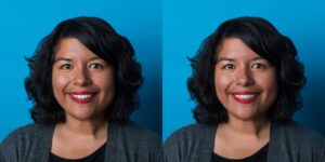 Side-by-side portraits of the same woman with dark hair, red lipstick, and a gray sweater against a blue background, taken at Chestnut Dental Needham.