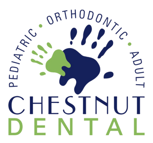 Chestnut Dental logo with overlapping green and blue handprints, and the words "Pediatric," "Orthodontic," and "Adult" in a semicircle above the name.