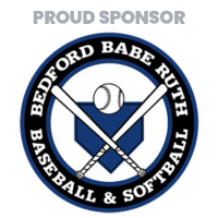 Logo for Bedford Babe Ruth Baseball & Softball with two crossed bats and a baseball, accompanied by text reading 