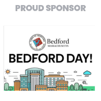 Logo with text stating “Proud Sponsor” and “Bedford Day!” above an illustration of buildings, trees, and clouds, with the Town of Bedford, Massachusetts seal.