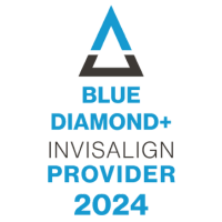 Blue Diamond+ Invisalign Provider 2024 logo with a blue and black triangle above the text.