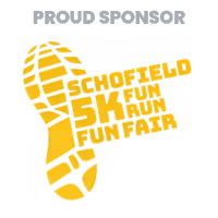 A yellow shoe print with the text 