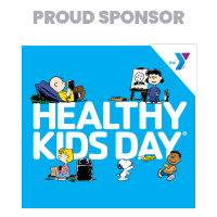Healthy Kids Day event sponsor graphic featuring Peanuts characters, children playing and drawing, and the YMCA logo in the corner.